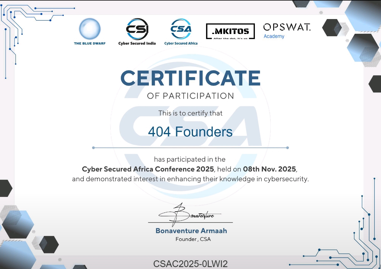 404 Founders Certificate of Participation